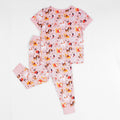 Pink printed kids night suit with short sleeve top and pyjama bottoms