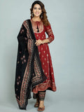 Woman wearing maroon printed anarkali kurta with black pants and dupatta