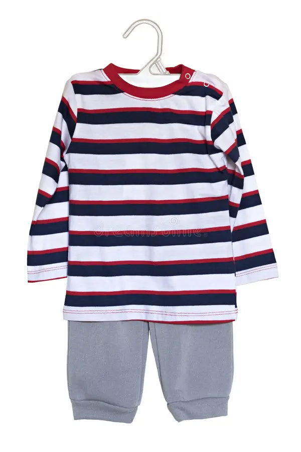 Baby boys striped full sleeve t-shirt with grey pants on hanger