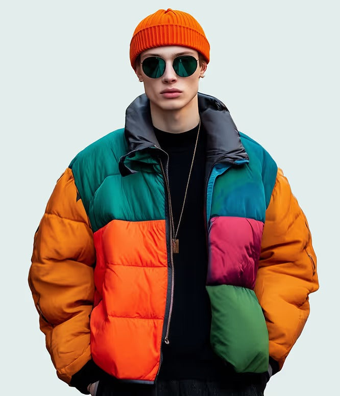 Man wearing colour block orange green and pink puffer jacket