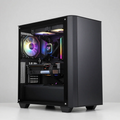 Black gaming desktop PC with RGB fans and glass side panel