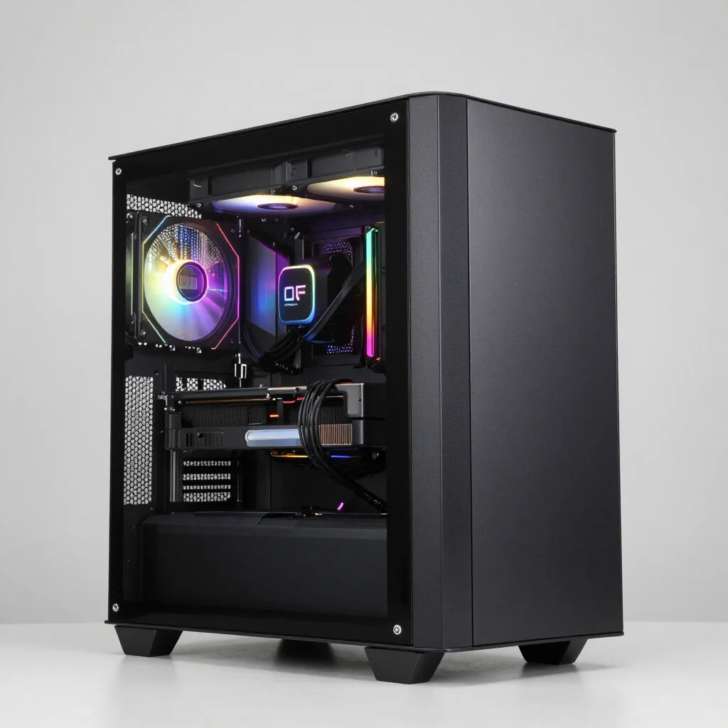 Black gaming desktop PC with RGB fans and glass side panel