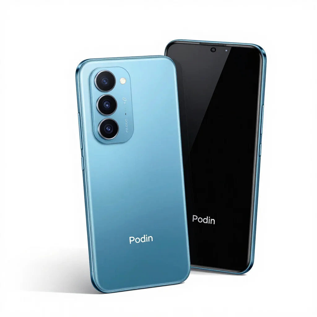 Sky blue smartphone with triple rear camera, back and front view