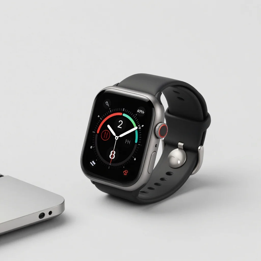 Black smart watch with silicone strap showing activity rings